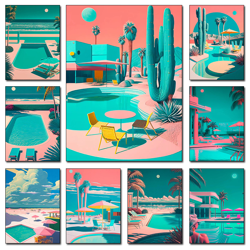 Resin Art Wall Decor - Retro futuristische strandpalmbomen woestijn zwembad poster